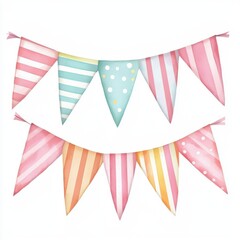 Obraz premium Colorful decorative bunting featuring striped and polka dot patterns in pastel shades, perfect for festive occasions.