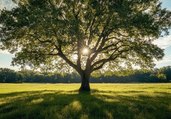 Obraz premium Majestic Tree with Sunlight Filtering Through Leaves, Casting Shadows on Green Grass in a Tranquil Field at Sunset