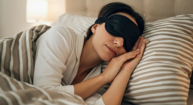 Woman sleeping peacefully with an eye mask in a cozy bedroom setting