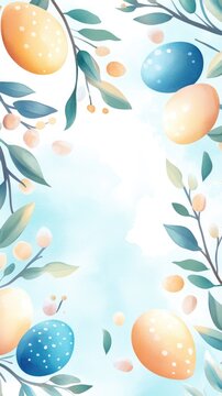 Pastel easter egg and leaf border with delicate spring florals on soft blue background. Easter, Pascha, Paskha, Ostern, Pascua, Paques - Orthodox and Catholic Holiday celebration