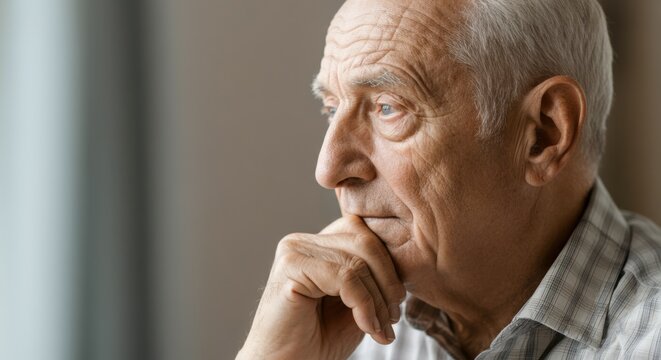 Thoughtful elderly man gazing out the window with a pensive expression
