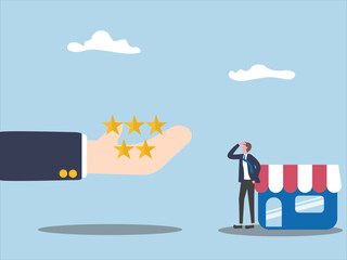 Fototapeta premium Client giving five star review to entrepreneur. Concept of Social media and digital marketing engagement. Online comments and followers reaction. business strategy analyze. Flat vector illustration.