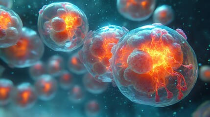 Microscopic View of Glowing Cells Cellular Biology Medical Research Science Background