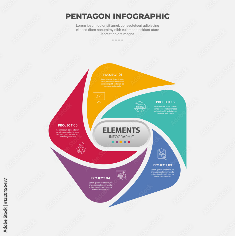 Aufkleber pentagon or pentagonal infographic outline style with 5 point template with swirl squeeze on slice d