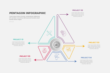 Fototapeta premium pentagon or pentagonal infographic outline style with 5 point template with big arrow top direction and arrows pointer for slide presentation