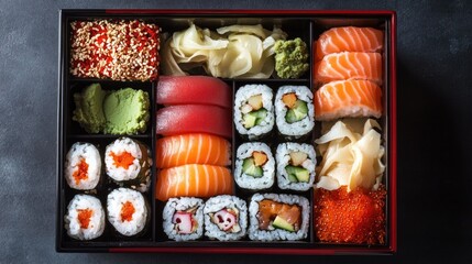 Assorted sushi bento box with nigiri rolls and assorted toppings