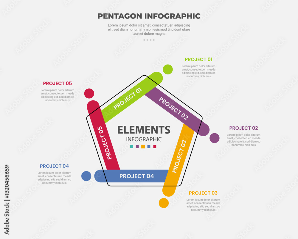 Aufkleber pentagon or pentagonal infographic outline style with 5 point template with round rectangle with cir