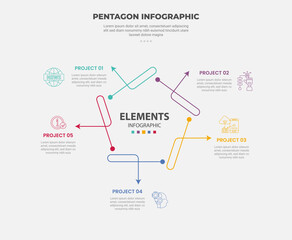 pentagon or pentagonal infographic outline style with 5 point template with creative line with arrow edge component for slide presentation