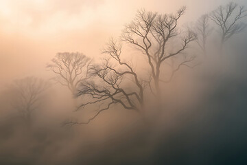 Obraz premium Dramatic fog-covered forest stock-image with towering trees disappearing into the mist, bathed in soft light, creating an eerie and mysterious atmosphere that captures the serene yet haunting 
