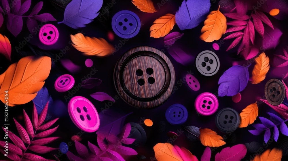 Poster vibrant pattern of colorful buttons and leaves on dark background