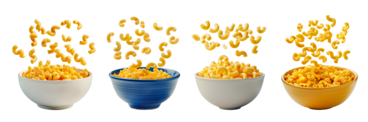 A bowl filled with macaroni and cheese with some pieces of macaroni floating above the bowl isolated on white
