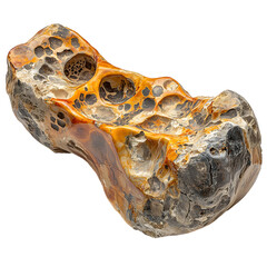 Polished yellow and gray stone sculpture with cavities isolated on a transparent background.