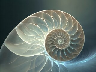 A detailed close-up of a translucent nautilus shell, showcasing its mesmerizing spiral structure and natural symmetry in soft lighting.  