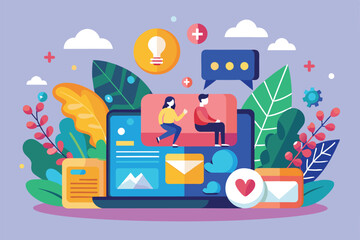 Naklejka premium Colorful design depicting two characters chatting with various icons and backgrounds inspired by social media, Social update Customizable Semi Flat Illustration