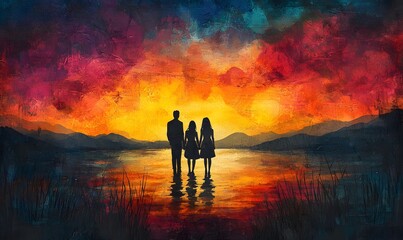 Fototapeta premium a family silhouette standing by a lake watching a vibrant sunset.
