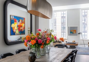 Modern dining area with vibrant floral arrangement, contemporary furniture, colorful artwork, and large windows in bright interior space