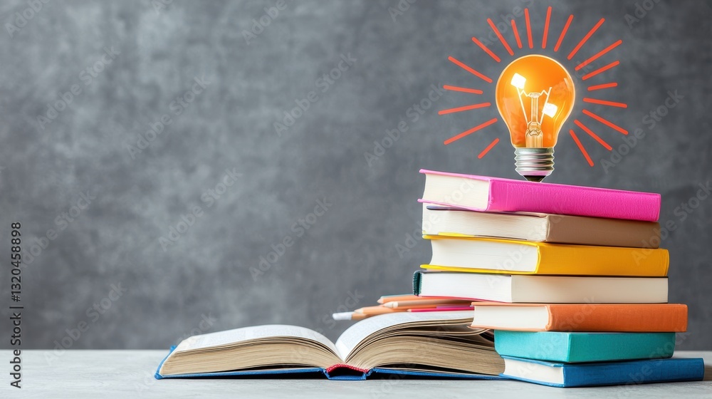 Poster a stack of books with a glowing lightbulb resting on top, surrounded by open textbooks, pencils, and