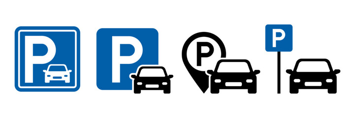 Car parking sign icon set. Parking space. Parking lot. Car park. Vector icon isolated on white background.