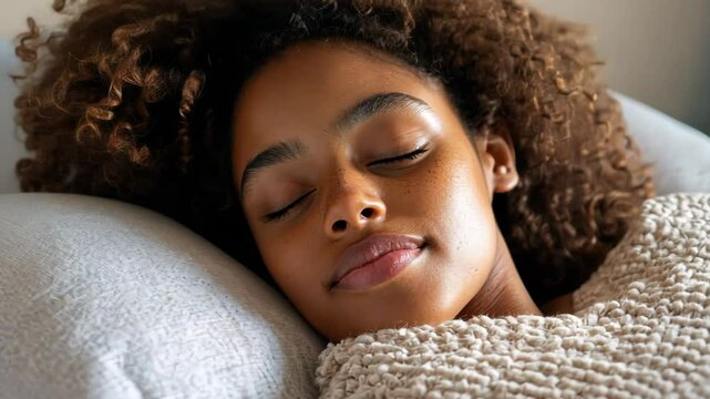Peaceful rest of young african woman with curly hair sleeping on pillow National Hangover Day
