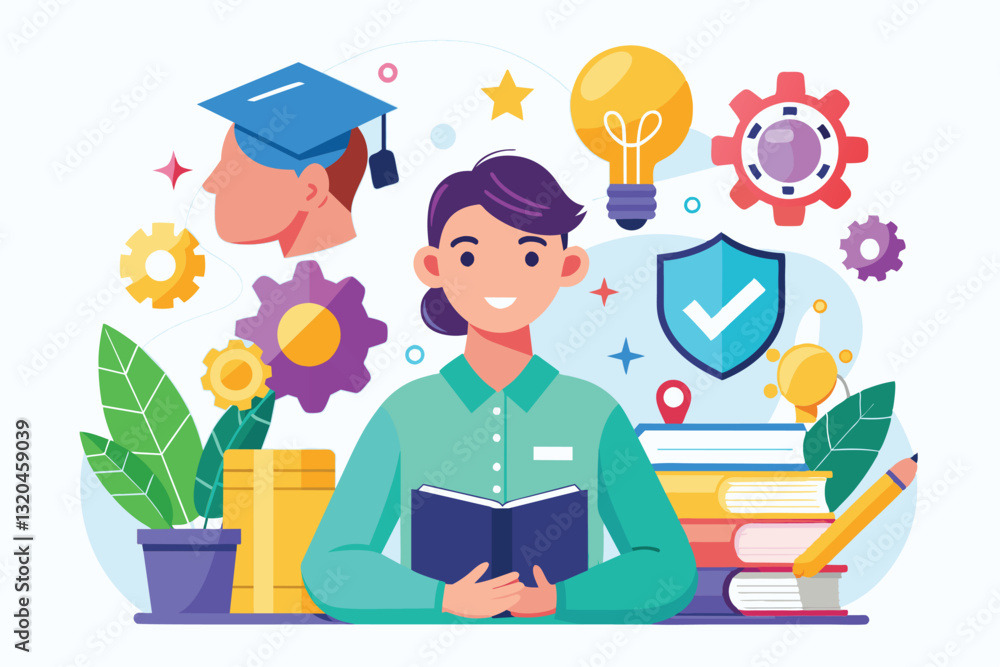 Poster a person engages with a book while surrounded by symbols of learning and development with soft skill