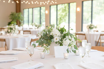 Elegant floral arrangement on table in bright event space