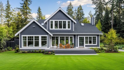 Obraz premium Modern gray house with large windows and deck surrounded by lush greenery in a peaceful neighborhood setting under clear blue sky