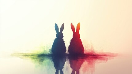 Silhouette of two artistic rabbits with reflection on textured background. Easter, Pascha, Paskha, Ostern, Pascua, Paques - Orthodox and Catholic Holiday celebration