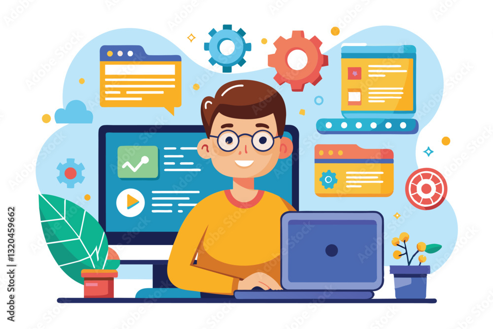 Poster a cheerful character engages in software code testing at a desk with multiple digital screens and pl
