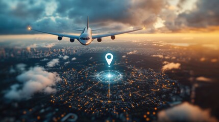 Airplane flying over cityscape with digital navigation marker at sunset