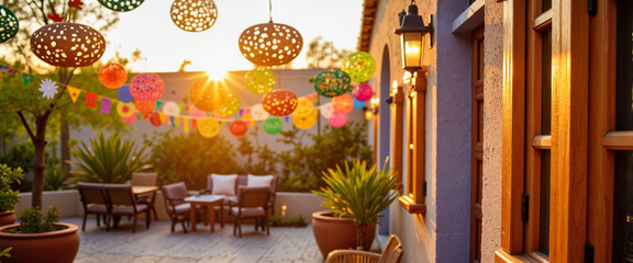 Lively Mexican fiesta at sunset, joyful celebration atmosphere