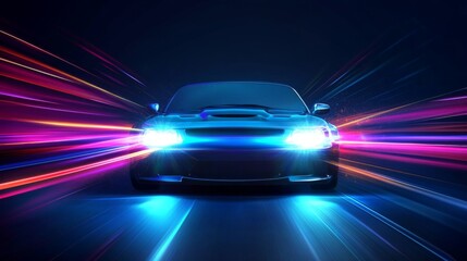 Obraz premium Futuristic high-speed car with neon light trails for technology and automotive design