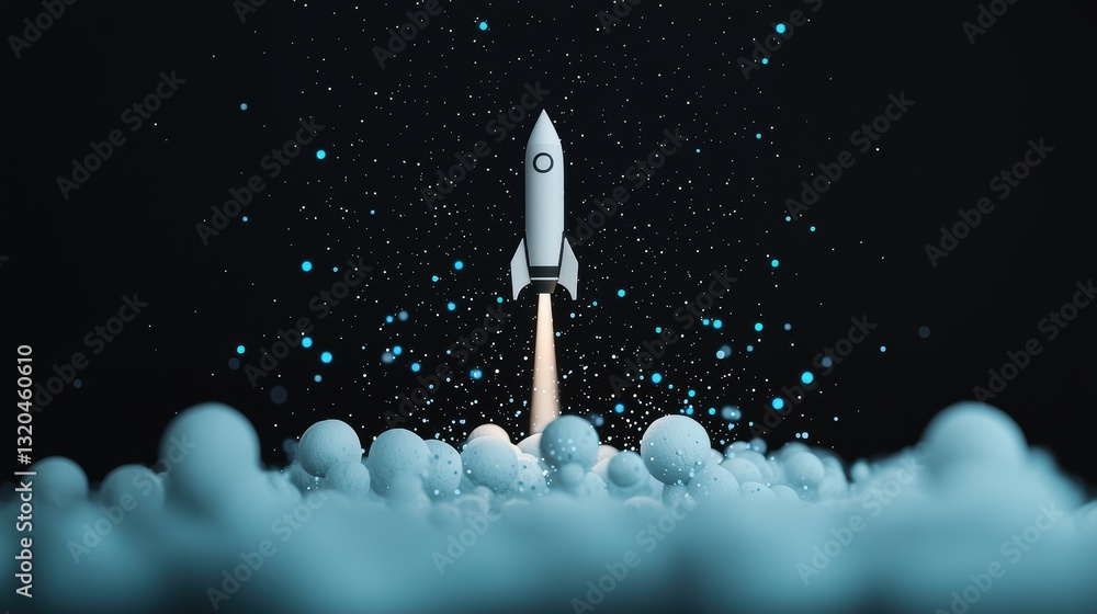 Poster a dynamic visualization of a rocket launching into space, with a trail of glowing light representing