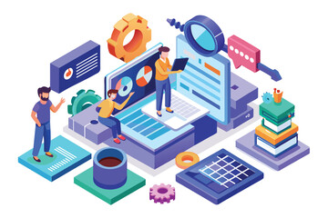 Obraz premium A vibrant isometric illustration depicts software code testing involving various tools and activities by professionals, Software code testing Customizable Isometric Illustration