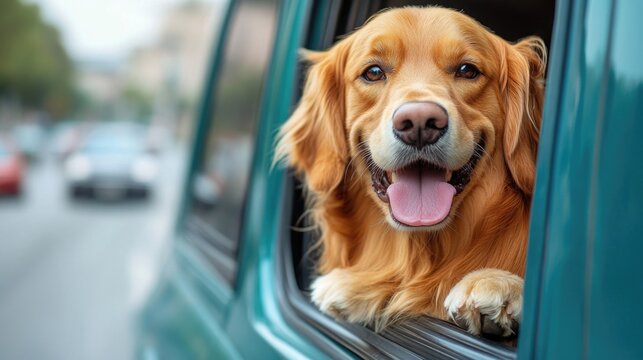 Golden retriever enjoying a car ride with head out of window
