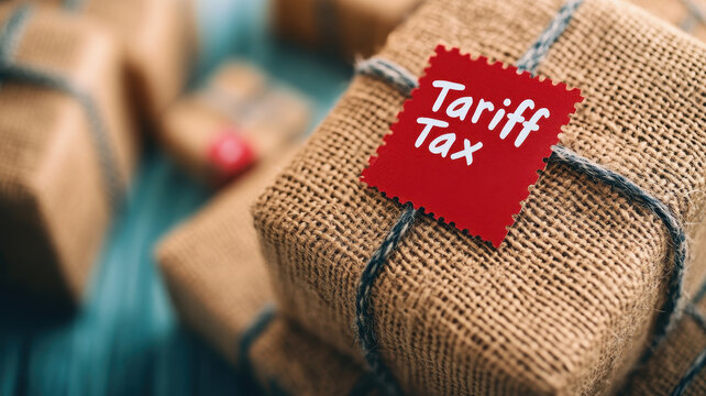 Top down view of wrapped goods with red tag labeled Tariff Tax, showcasing concept of taxation on products. rustic packaging adds unique touch