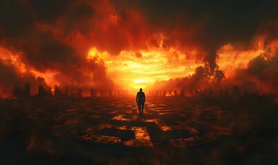 Fototapeta premium a lone figure walking towards a fiery sunset with other people standing on both sides.