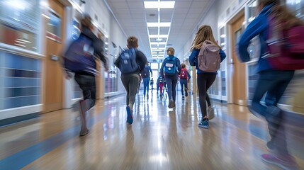 Lively group of cheerful students sprinting through a bright school hallway, capturing youthful energy and the excitement of learning