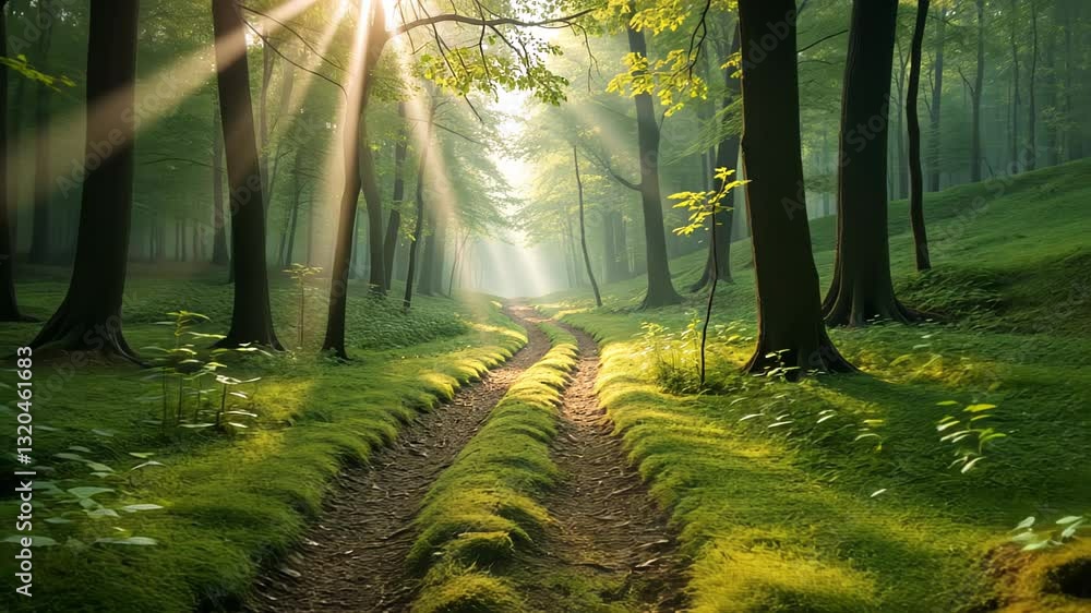 Aufkleber sunlit forest path with moss and sunbeams filtering through trees
