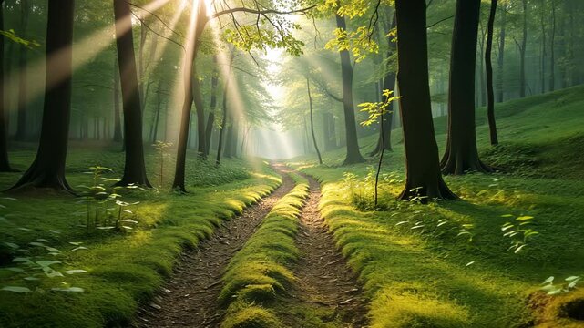  Sunlit Forest Path with Moss and Sunbeams Filtering Through Trees