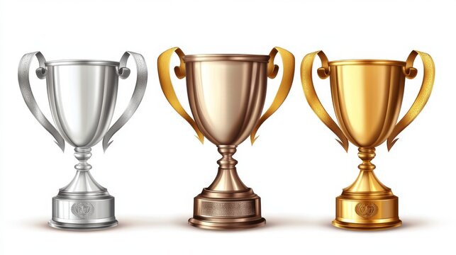 Silver, bronze, and gold trophies for achievement recognition and award ceremonies