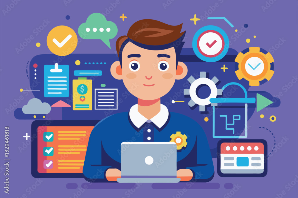 Poster a software engineer engages with various tools and icons while customizing software in a lively envi