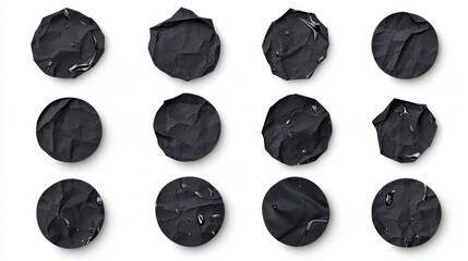 Naklejka premium Collection of crumpled black circles with glossy water droplets for creative design