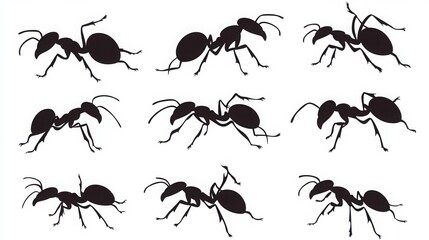 Fototapeta premium A set of ant silhouettes in different poses, perfect for vector graphics or clipart. 