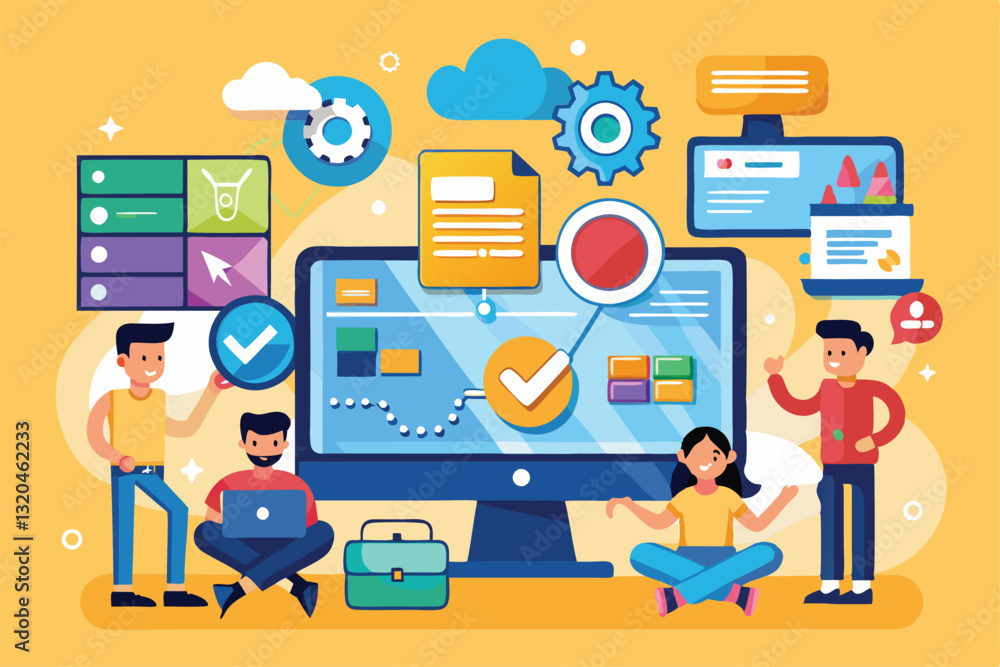 Poster group of users engages in software integration, showcasing customizable features on a digital interf