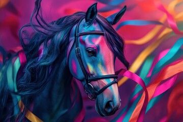 Vibrant horse portrait, ribbons, dynamic background, artistic