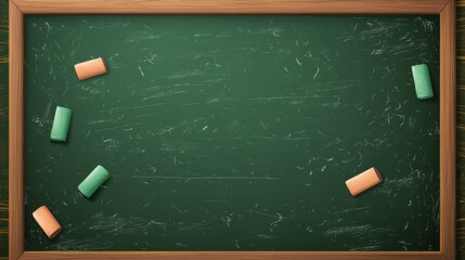 Blank classroom chalkboard with chalks for educational design and school themes