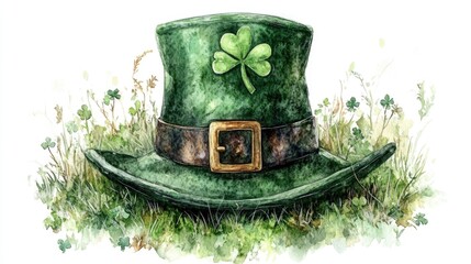 Green leprechaun hat with shamrock in lush grass. Saint Patrick's Day, St Paddy's Day, St Patty's Day - Irish National Holiday and Cultural Celebration