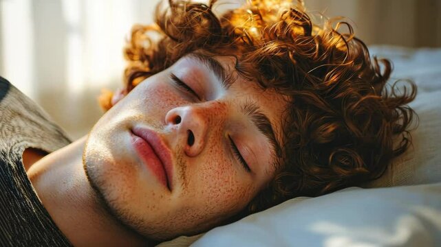 Young caucasian man with curly red hair sleeping peacefully in warm sunlight National Hangover Day