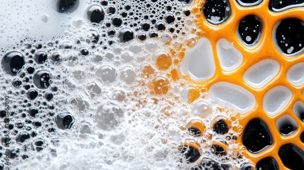 Poster extreme close up of oil bubbles coalescing and merging, capturing the dynamic process of their inter