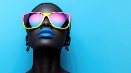 Fashionable african woman with vibrant sunglasses and blue lipstick against blue background